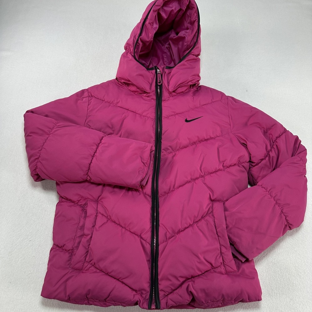 Nike Puffer Jacket Youth Large 14-16 Pink Hooded Full Zip Quilted Warm Winter